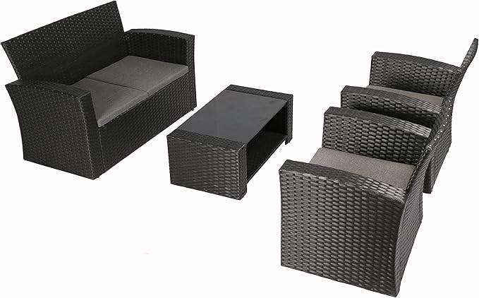 4 Pieces Outdoor Furniture Complete Patio Cushion Wicker P.E Rattan Garden Set, Full, Black - LeafyLoom