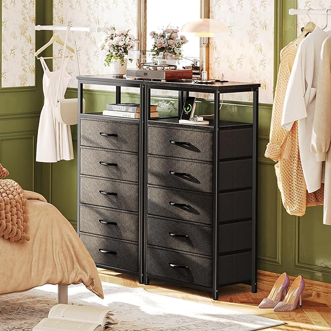 5 Drawers Dresser with Charging Station, Dresser for Bedroom, Tall Night Stand, Chest of Drawers with Open Shelf, Bedside Table Nightstand, Fabric Dresser Storage Drawers, for Entryway, Black - LeafyLoom