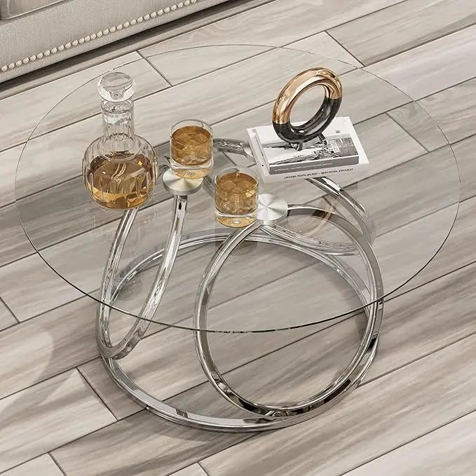 O&K FURNITURE Round Coffee Table, Modern Silver Coffee Table Living Room Table with Ring-Shaped Frames, Glass Coffee Table for Home&Office, Chrome Finish, 1 PC - LeafyLoom