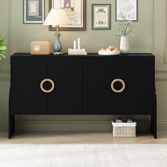 61" Storage Cabinet Sideboard with Four-Door Metal Handle & Adjustable Partitions,Wooden Console Table,w/Curved Legs and Ample Space Desktop,for Living Room,Black - LeafyLoom