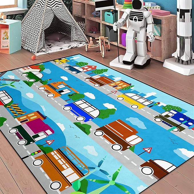 Car Carpet for Kids Kids Rugs for Playroom Car Track Rug Road Rug for Kids Car Play Rug Road Carpet for Toy Cars Car Track Rugs for Boys Car Rug for Boys Room 3'×5' - LeafyLoom