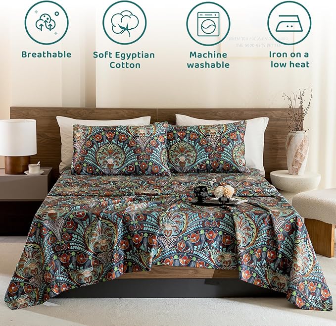 QSH Boho Bed Sheets Queen Size - Bohemian Western Bedding 100% Egyptian Cotton Pattern Sheets Queen Size Bed 4pcs Deep Pockets Bed Sheets - LeafyLoom