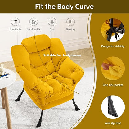 Fabric Lazy Chair Large Accent Chair,Velvet Frabic Modern Lounge Reading Chair with Armrests & Side Pocket,Upholstered Armchair for Living Room,Bedroom,Dorm,Yellow - LeafyLoom