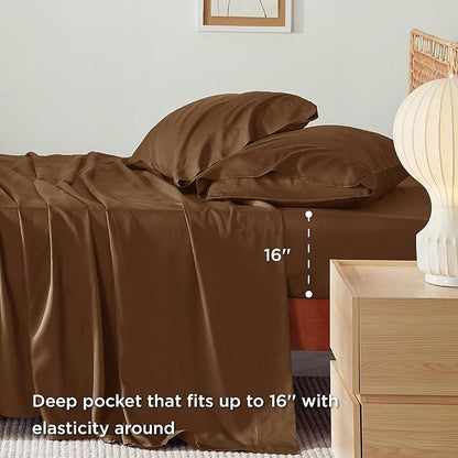 Bedsure Full Size Sheets, Cooling Sheets Full, Rayon Derived from Bamboo, Deep Pocket Up to 16", Breathable & Soft Bed Sheets, Hotel Luxury Silky Bedding Sheets & Pillowcases, Brown - LeafyLoom