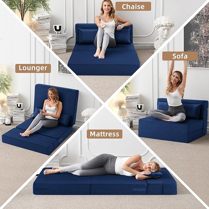 Convertible Folding Sofa Bed - Sleeper Chair with Pillow, Modern Linen Fabric Floor & Futon Couch, Foldable Mattress for Living Room/Dorm/Guest/Home Office/Apartment,Standard Size, Navy Blue - LeafyLoom