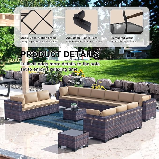 Kullavik 14PCS Outdoor Patio Furniture Set PE Wicker Rattan Sectional Sofa Patio Conversation Sets,Sand - LeafyLoom