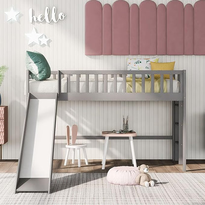 Merax Twin Wood Junior Low Loft Bed Frame with Slide Loft Bed with Full Length Guardrails for Kids Girls Boys,Gray - LeafyLoom