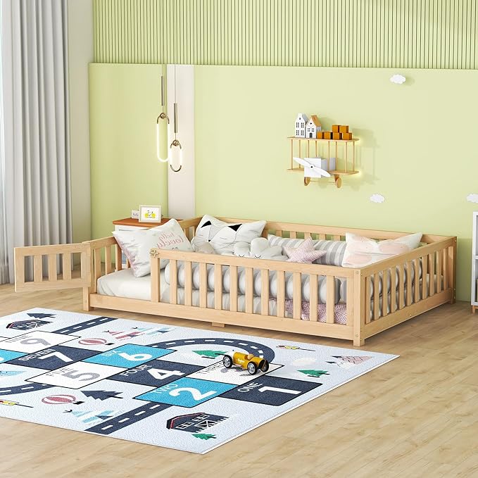 Multifunctional Full Size Floor Bed with Safety Guardrails and Door, Removable Wood Slats, Montessori Beds Frame for Toddlers, for Boys and Girls, Natural - LeafyLoom