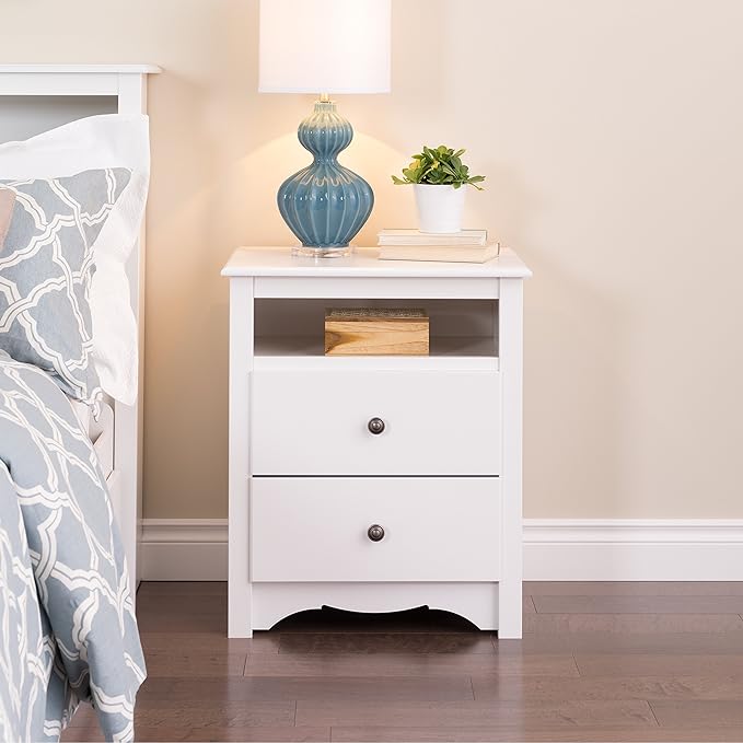 Prepac's Monterey 2 Drawer Nightstand: Elegant Bedroom Furniture, Bedside Table with Open Shelf, 23.25"W x 16"D x 28"H, White - WDC-2428 - LeafyLoom