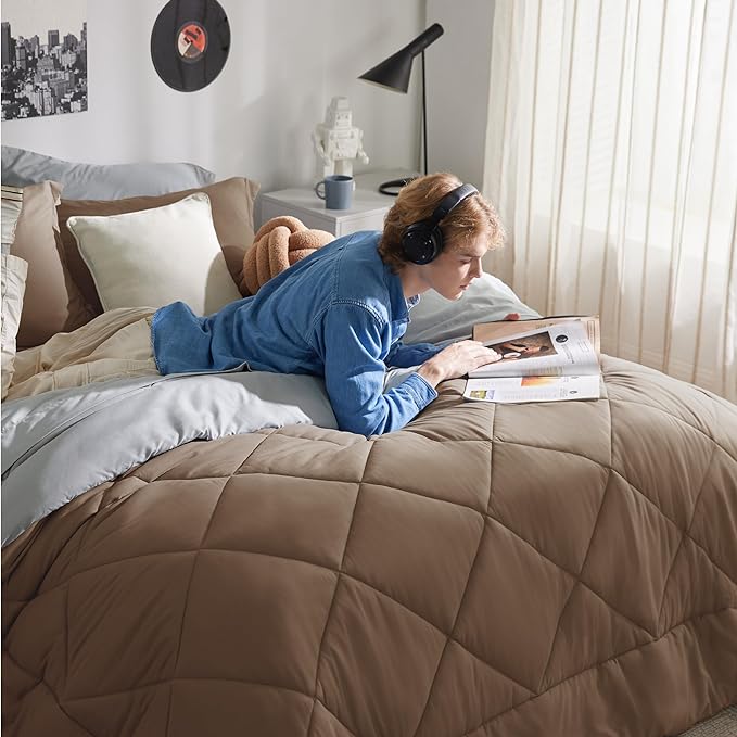 Bedsure Brown Full Size Comforter Set - 7 Pieces Reversible Full Bed in a Bag, Full Bed Set Brown and Grey with Comforters, Sheets, Pillowcases & Shams - LeafyLoom