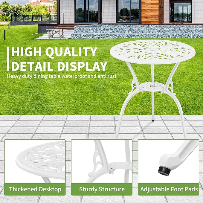 3 Piece Patio Set Outdoor Cast Aluminum Patio Bistro Table and Chairs Set of 2,All Weather Outdoor Bistro Sets with 1.97" Umbrella Hole for Front Porch Set,Garden(White) - LeafyLoom