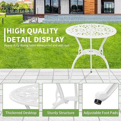 Bistro Set 3 Piece Outdoor Cast Aluminum Patio Bistro Set with Umbrella Hole, All Weather Bistro Table and Chairs Set, Small Patio Furniture Set for Garden, Porch,White - LeafyLoom