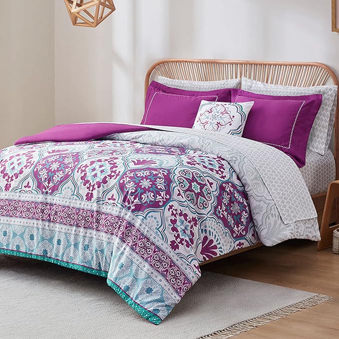 Degrees of Comfort Purple Comforter Set,Queen Boho Bedding Sets with Sheets,Bohemian Microfibe Bed in A Bag with Side Pockets, Matching Decorative Pillow, 8 Piece - LeafyLoom