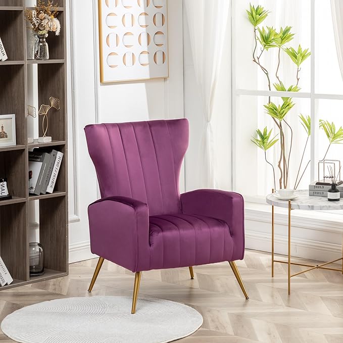 Armchair Modern Velvet Accent Chair, Channel Tufted Bedroom, Office or Living Room Furniture with Elegant Metal Legs, Purple - LeafyLoom