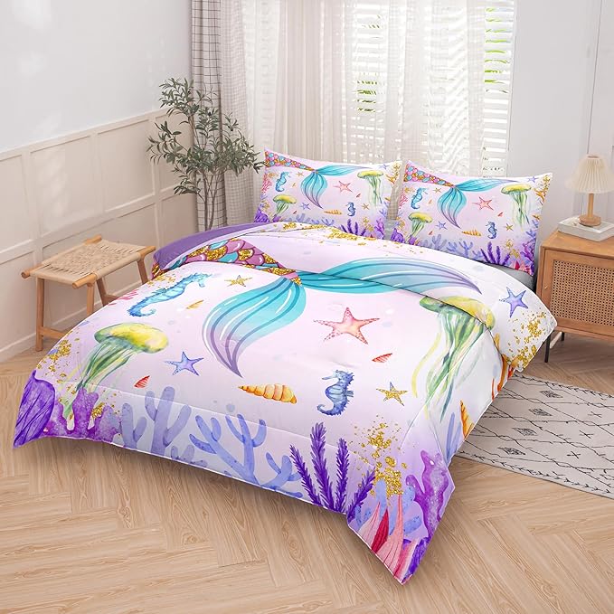 NINENINE Girls Mermaid Bedding Set,Mermaid Tail Comforter Set,Twin Size Bedding Sets for Girls,Princess Toddler Bedding Sets for Girls with 1 Comforter 1 Pillowcase… - LeafyLoom