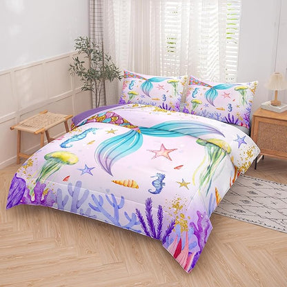 NINENINE Mermaid Tail Bedding Sets Mermaid Comforter Set,Full Size Bedding Sets for Girls,Princess Comforter Toddler Bedding Sets for Girls with 1 Comforter 2Pillowcases - LeafyLoom