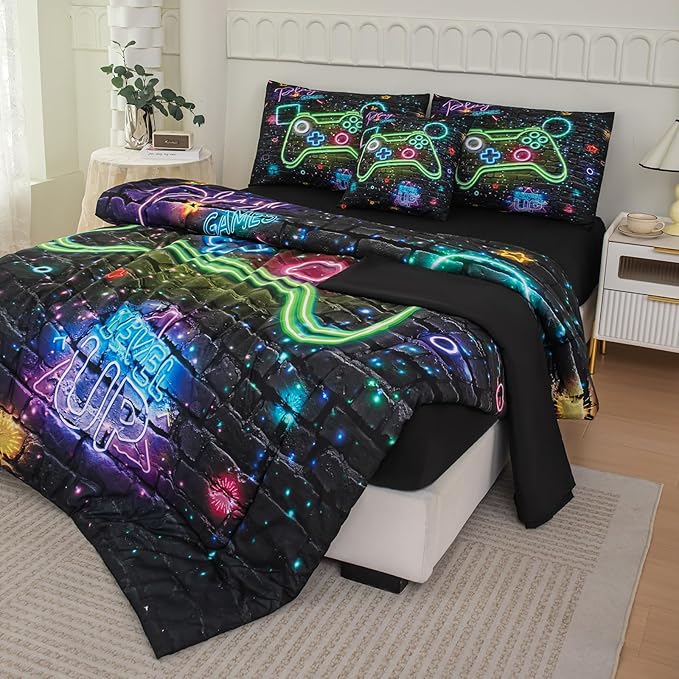 NINENINE 6PCS Gamer Bedding Sets for boys,Twin Comforter Sets for Boys, Gaming Bedding Sets for boys gamer Bedding Comforter Sheet Set(1Comforter,1Flat Sheet,1Fitted Sheet,1Cushion Cover,2Pillowcases - LeafyLoom