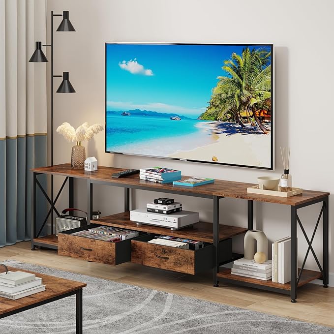 TV Stand with Fabric Drawers for 80 85 Inches TV - Entertainment Center and Industrial TV Console Table with Open Storage Shelves for Living Room, Bedroom- 79.1" Rustic Brown - LeafyLoom