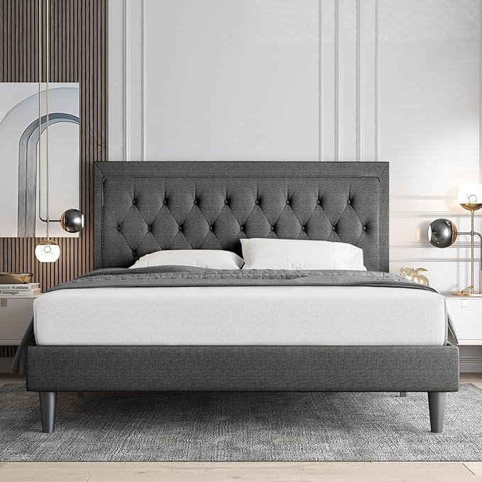 Allewie Full Size Button Tufted Platform Bed Frame/Fabric Upholstered Bed Frame with Adjustable Headboard/Wood Slat Support/Mattress Foundation/Dark Grey (Full) - LeafyLoom