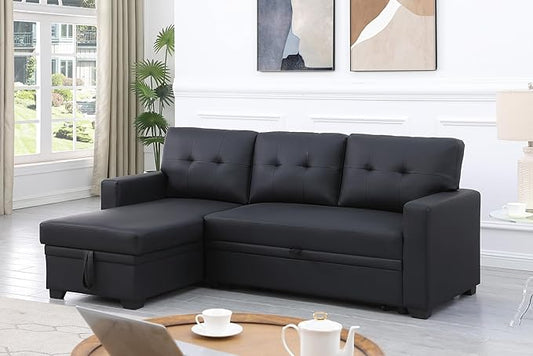 RITSU L-Shaped Sectional Upholstered Sofa Bed with Storage Chaise, Faux Leather Pull Out Corner Couch, Tufted Cushions, for Office, Living Room, Apartment, Black, 82 inch - LeafyLoom