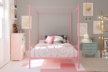 DHP Metal Canopy Kids Platform Bed with Four Poster Design, Scrollwork Headboard and Footboard, Underbed Storage Space, No Box Sring Needed, Full, Pink - LeafyLoom