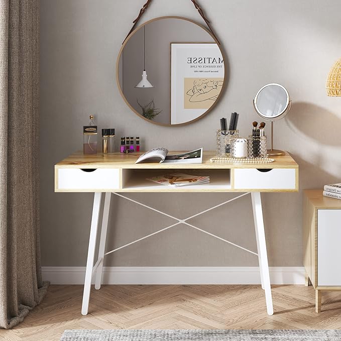 Need Computer Desk with Storage Desk Drawer Dressing Table,Writing Table Modern Desk with 2 Drawers, Makeup Vanity Table GCBG1019-ND, Oak - LeafyLoom