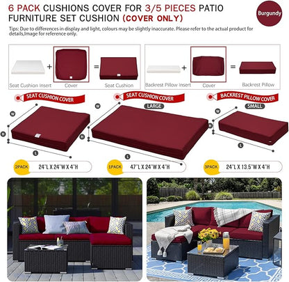 ClawsCover 6Pack Outdoor Seat and Back Cushions Replacement Covers Fit for 3 Pieces 3-Seater Wicker Rattan Patio Furniture Conversation Set Sectional Couch Chair,Burgundy-Include Cover Only - LeafyLoom