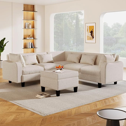 Modern L-Shaped Couch with Coffee Table & 6 Pillows, 6-Seat Sectional Sofa Set with Storage Ottoman & Unique Curved Armrest, Convertible 5-Seat Indoor Furniture for Living Room, Apartment - LeafyLoom