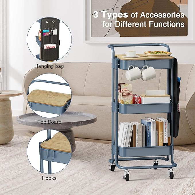 DTK 3 Tier Metal Utility Rolling Cart with Table Top and Side Bags, Metal Tray Storage Organizer Cart with Wheels, Art Craft Cart with 4 Hooks for Kitchen Bathroom Office Living Room (Blue) - LeafyLoom