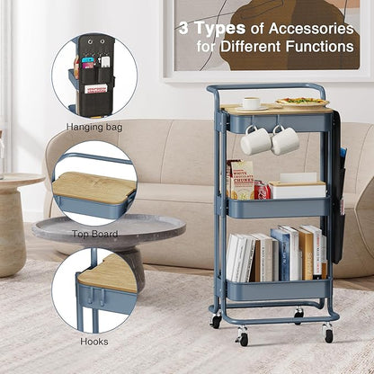 DTK 3 Tier Metal Utility Rolling Cart with Table Top and Side Bags, Metal Tray Storage Organizer Cart with Wheels, Art Craft Cart with 4 Hooks for Kitchen Bathroom Office Living Room (Blue) - LeafyLoom