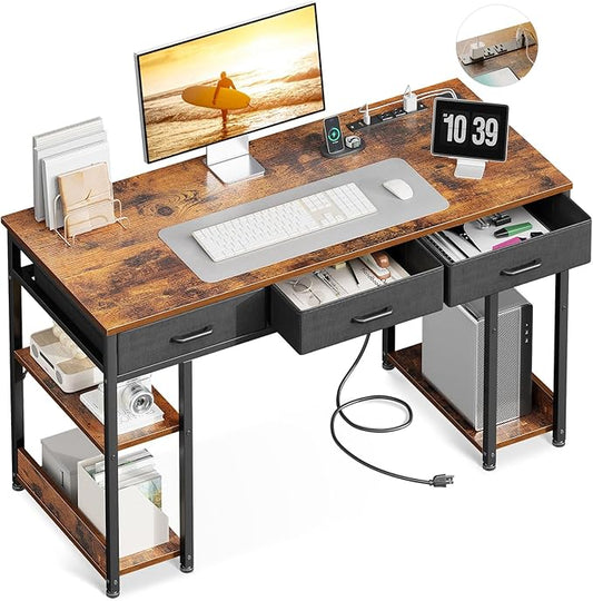 AODK 48 Inch Office Desk with Fabric Drawers & Power Outlets, Computer Desk with Storage Shelves & CPU Stand, Writing Study Table, Small Desk for Bedroom, Vintage - LeafyLoom