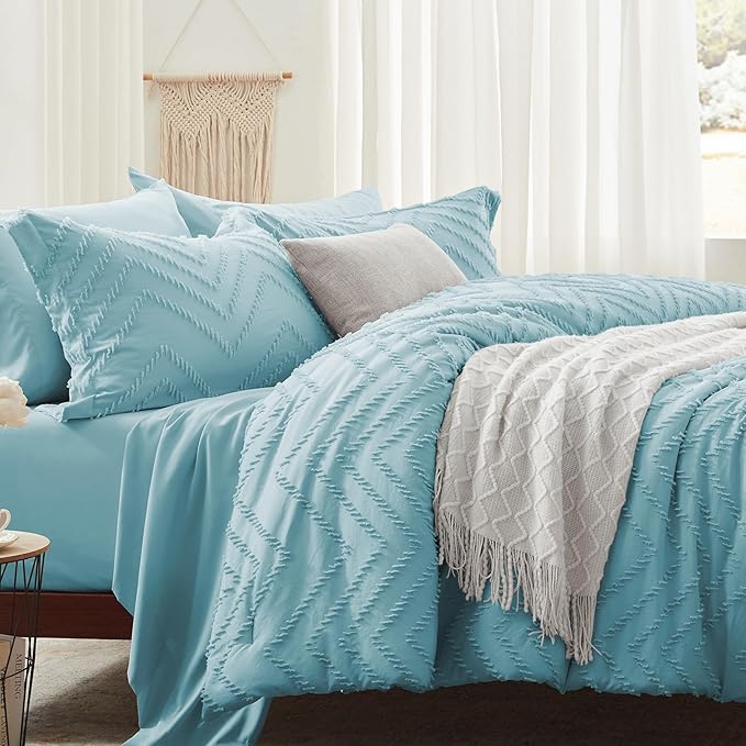 Anluoer Queen Comforter Set, Sky Blue Tufted Bed in a Bag 7 Pieces with comforters and sheets, All Season Bedding Sets with 1 Comforter, 2 PillowShams, 2 Pillowcases, 1 Flat Sheet, 1 Fitted Sheet - LeafyLoom