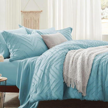 Anluoer Twin Comforter Set, Sky Blue Tufted Bed in a Bag 5 Pieces with comforters and sheets, All Season Bedding Sets with 1 Comforter, 1 PillowShams, 1 Pillowcases, 1 Flat Sheet, 1 Fitted Sheet - LeafyLoom