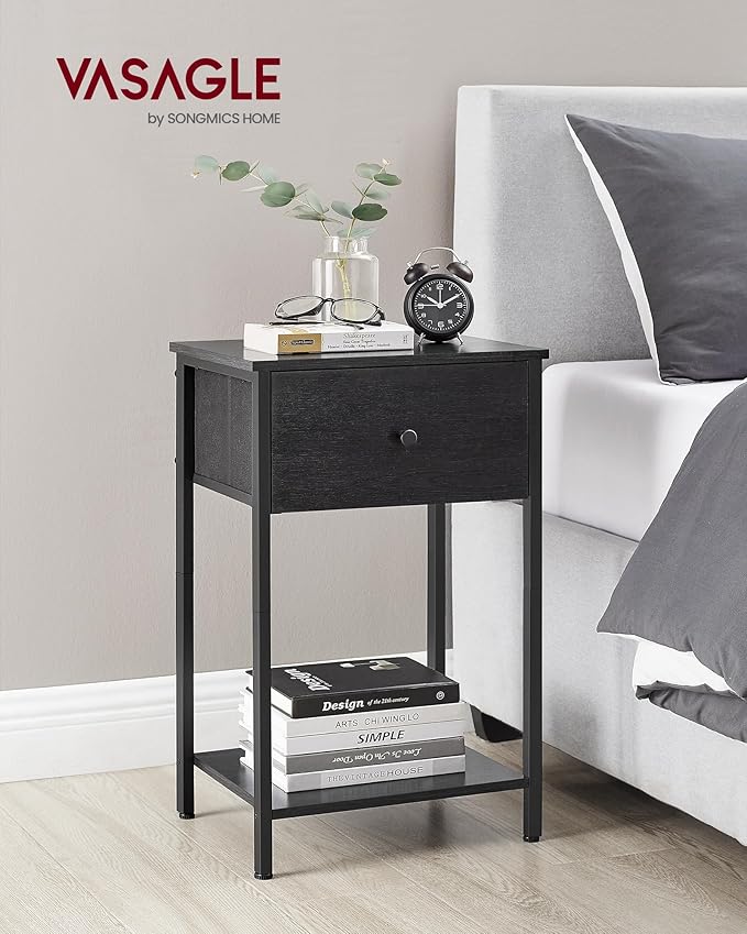 VASAGLE Nightstand, Side Table with Fabric Drawer, 24-Inch Tall End Table with Storage Shelf, Black ULGS021B21 - LeafyLoom