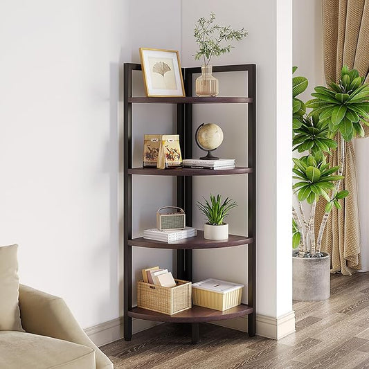 SAYGOER Corner Bookshelf 4 Tier Stand Corner Ladder Shelf Modern Storage Organizer Bookcase Industrial Display Rack Shelves for Small Space, Living Room,Brown - LeafyLoom