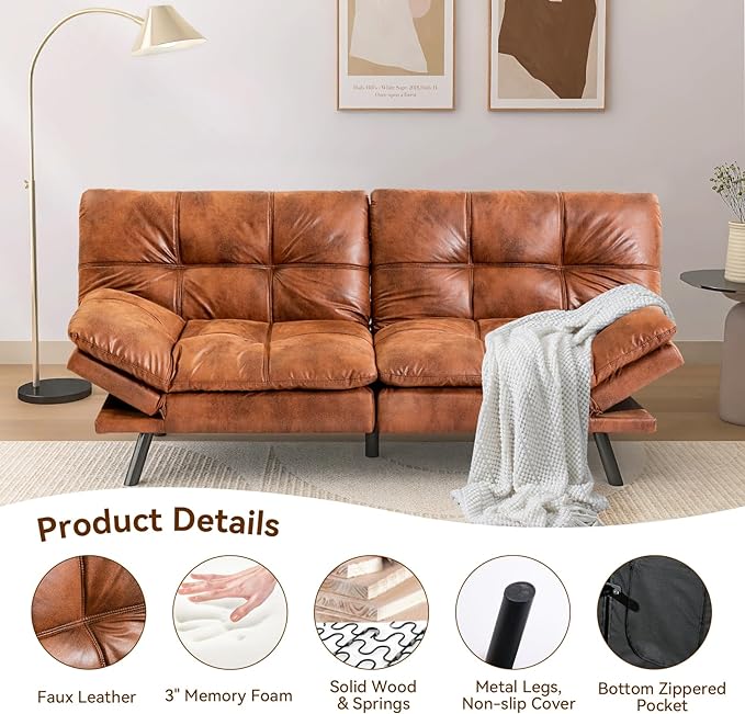 Convertible Couch Bed,Memory Foam Futon Sleeper Sofa Sofabed, Standard Brown - LeafyLoom