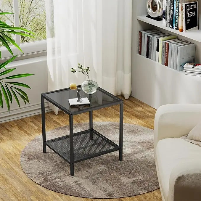 SAYGOER Black Side Table Small Glass End Table 2-Tier Narrow Square Bed Side Table Sofa Small Leisure Table with Black Metal Frane for Living Room Bedroom Balcony Patio, Black Glass - LeafyLoom