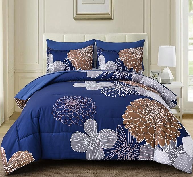 Yiran Navy Brown Comforter Set Queen Bed in a Bag 7 Pieces Floral Soft Microfiber Comforter Bedding Sets Bed Set with Comforter, Sheets, Pillowcases & Shams 90"×90" - LeafyLoom