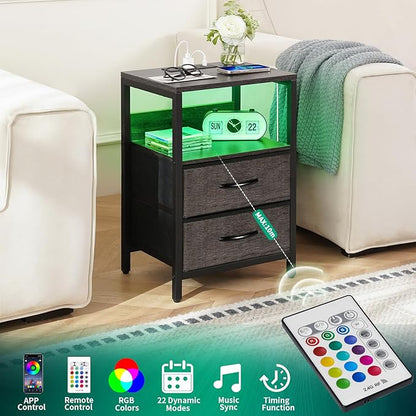 Yoobure Nightstand with Charging Station, LED Night Stand with Fabric Drawers and Storage Shelf for Bedroom, Nightstands Bedside Tables with USB Ports & Outlets, Small Night Stands, Bed Side Table - LeafyLoom