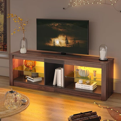 Bestier 55 Inch TV Stand with LED light, Adjustable Glass Shelves, 22 Dynamic RGB Colors, P2 Particle Board, for Entertainment Center, Living Room, Gaming Room, and Bedroom, Dark Walnut - LeafyLoom