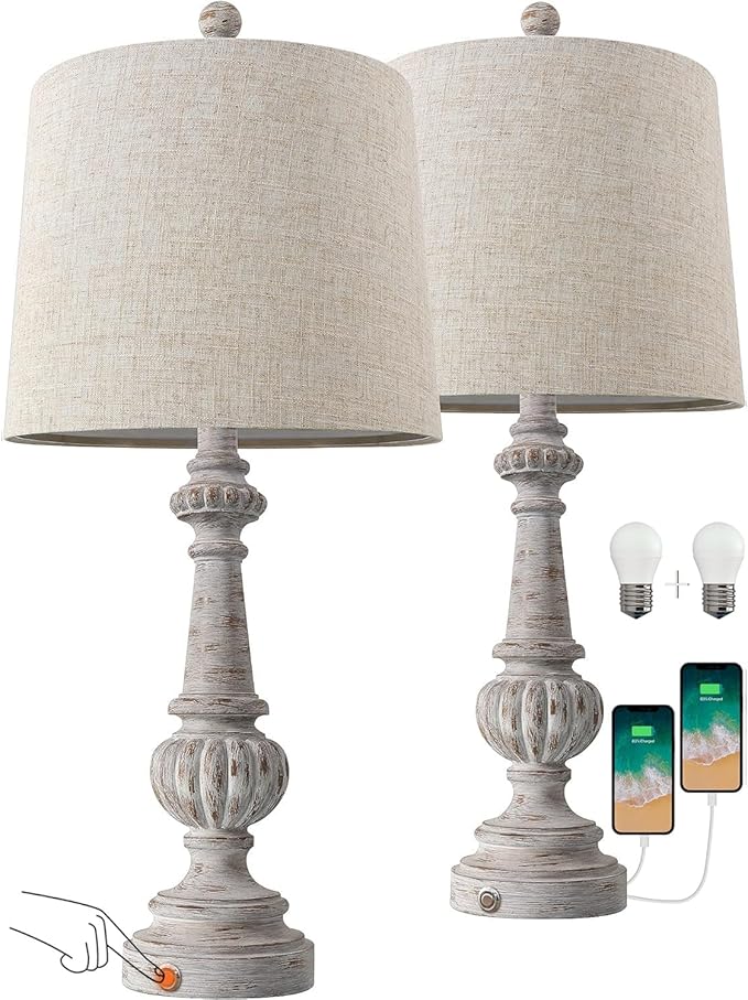 PORTRES 25.75" Traditional 3-Way Dimmable Table Lamp Set of 2 for Living Room Bedside Nightstand Lamps with USB A+C Charging Ports for Bedroom Kids Room Rustic Table Lamps (2 Bulbs Included) - LeafyLoom