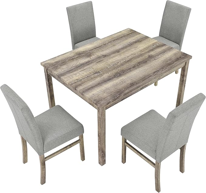 Modern 5 Pcs Set, Including Solid Wood Rectangle Table, 4 Upholstered Dining Chairs and Bench, for Kitchen, Living Room, Small Apartment, Antique Yellow+Gray - LeafyLoom