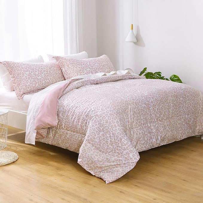 Printed Queen Bedding Sets with Comforter and Sheets, 7 Piece Bed in A Bag Comforter Set with Fluffy Microfiber, Stylish Pink Leopard Pattern - LeafyLoom