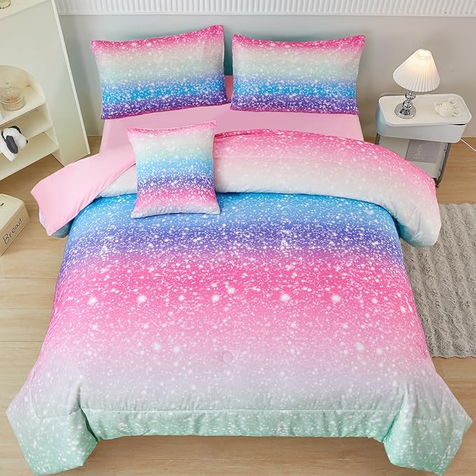 PERFEMET Girls Comforter Set with Sheets 6 Pieces Full Size Bedding Set Blue Pink Green Ombre Bed in A Bag Rainbow Tie Dye Kids Bed Sets Grandient Glitter Full Comforter Sets - LeafyLoom