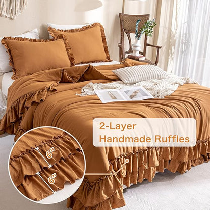 Pumpkin Farmhouse King Size Comforter Set,Shabby Boho Chic Bedding Ruffled King Bed Comforter Vintage Rustic Burnt Orange Bedding Sets 3 Pieces (1 Ruffle Comforter and 2 Pillowcases) - LeafyLoom