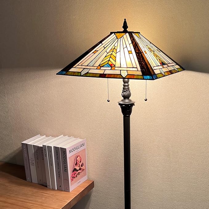 Tiffany Floor Lamp for Living Room 2 Lights Mission Style Stained Glass Reading Floor Light Antique Standing Tall Lamp for Bedroom Office - LeafyLoom