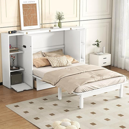 Queen Size Murphy Bed Foldable into Cabinet, Wooden Platform Bedframe with Shelves, Drawers and USB Ports, for Bedroom/Living Room, White - LeafyLoom