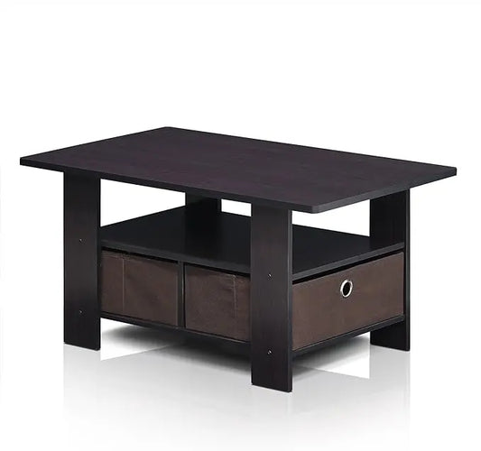 Furinno Andrey Coffee Table with Bin Drawer, Dark Walnut - LeafyLoom