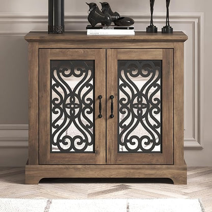 Galano Calidia 2 Door Sideboard, Kitchen Storage Sideboard Buffet Cabinet Console with Acrylic Mirror Doors & Adjustable Shelves, 15.67" D x 32.36" W x 29.29" H, Knotty Oak - LeafyLoom