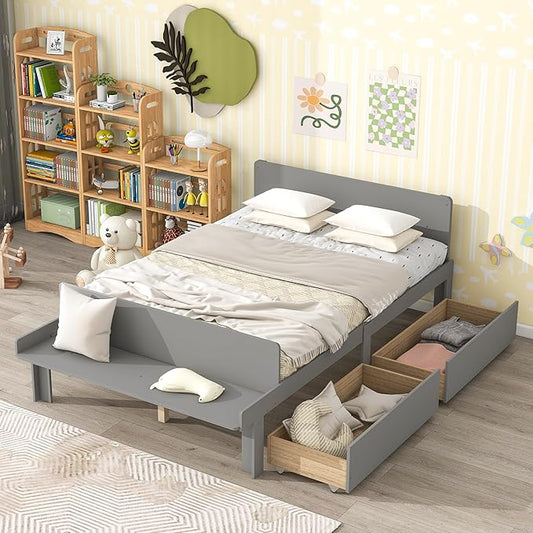 Dolonm Full Bed Frames for Kids with 2 Drawers, Storage Platform Bed with Footboard Bench, Twin Kids Bed Headboard Frame Pine Wood, High Stable, No Box Spring Needed, Twin Bed for Kids, Grey - LeafyLoom